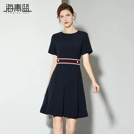 海青蓝时尚气质简约通勤连衣裙女2025夏季撞色新款收腰显瘦a字裙图片