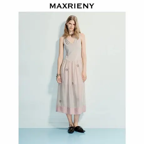 【奥莱】MAXRIENY度假风钉珠连衣裙宫廷复古风吊带茶歇长裙图片