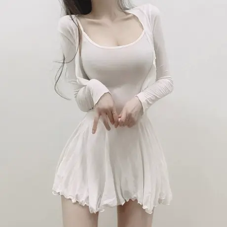 韩国东大门时尚女裙2021显瘦吊带百褶连衣裙短裙+开衫外套两件套图片