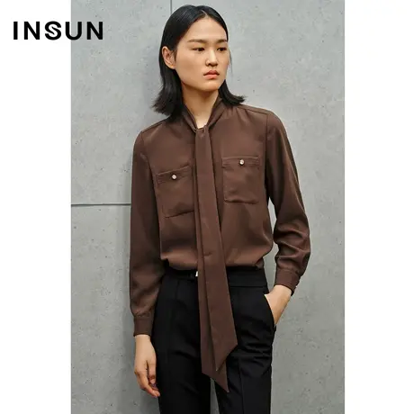 INSUN恩裳专选秋仿醋酸美拉德飘带衬衫上衣图片