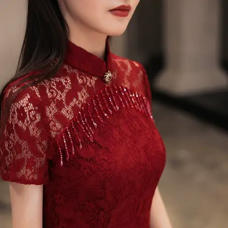 旗袍敬酒服新娘2024新款平时可穿酒红色订婚回门小礼服连衣裙鱼尾图片