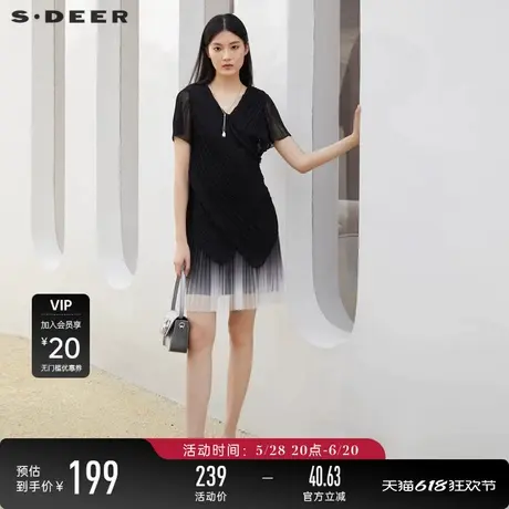 sdeer圣迪奥女装夏装v领设计感褶皱短袖黑色连衣裙S223Z12G1图片
