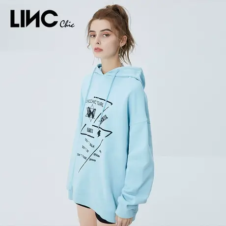 LINC金羽杰2023秋季新款廓形宽松长款oversize字母印花连帽卫衣女图片