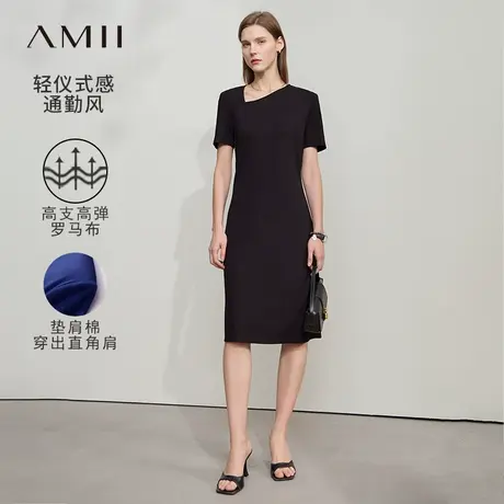 Amii2025夏新款极简纯色合体收腰A摆中长弹力斜V领垫肩连衣裙图片