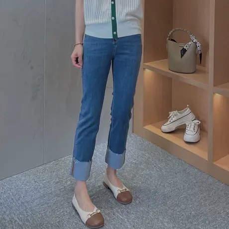 高腰直筒牛仔裤女宽松显瘦2023年春夏季新款翻边小众设计感九分裤图片