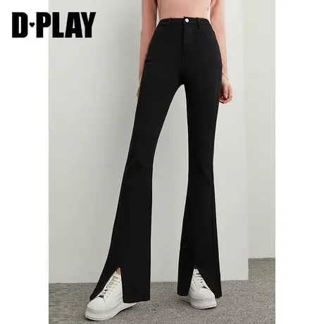 DPLAY【惠品】瘦竹竿喇叭长裤经典黑开衩高腰修身薄绒拖地裤图片