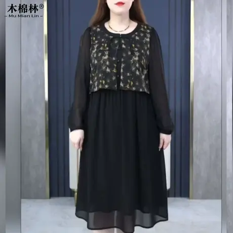 胖mm大码女装假两件连衣裙春秋洋气遮肉显瘦妈妈装宽松过膝中长裙商品大图