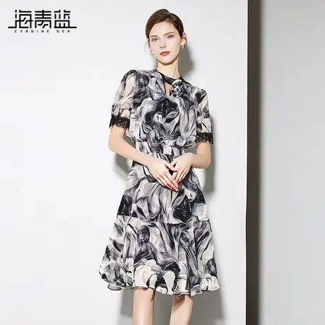 海青蓝 短袖连衣裙2025年新款夏季蕾丝拼接高级时尚气质女装裙子图片
