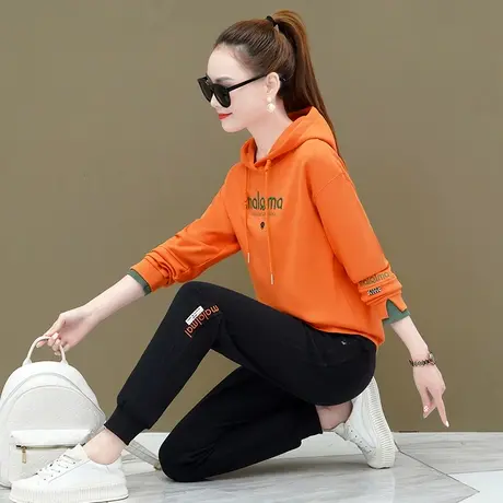 连帽休闲运动服套装女春秋2024新款减龄时尚拼色卫衣收口裤两件套图片