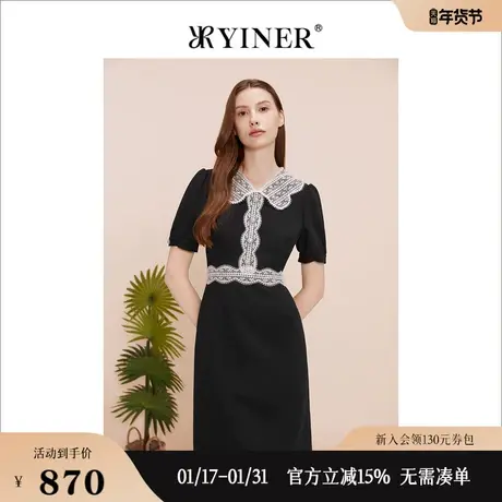 YINER音儿专选女装夏季蕾丝收腰通勤小黑裙连衣裙图片