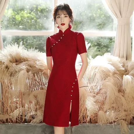 旗袍敬酒服新娘2024新款夏季酒红色平时可穿订婚回门礼服便装蕾丝图片