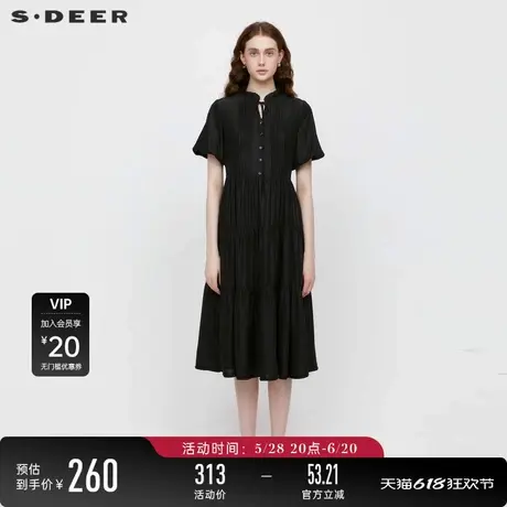 sdeer圣迪奥女装木耳边系带风琴褶泡泡袖连衣裙S242Z12F1图片