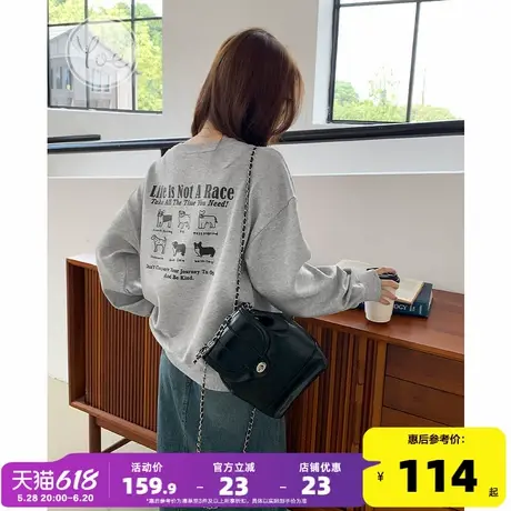 yoe后背印花圆领灰色卫衣女春秋上衣复古小个子新款宽松女装外套图片