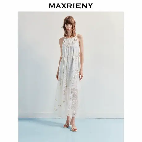 【奥莱】MAXRIENY度假风晕染蕾丝连衣裙挂脖吊带领蕾丝长裙图片
