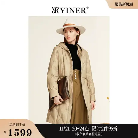 YINER音儿线上专选女装冬季连帽设计感绵羊皮真皮白鸭绒羽绒服图片