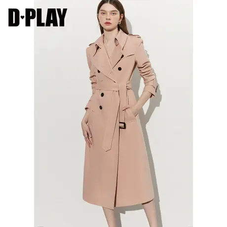 DPLAY【黑标】新高级感OL气质灰橘粉大摆长款风衣外套女图片
