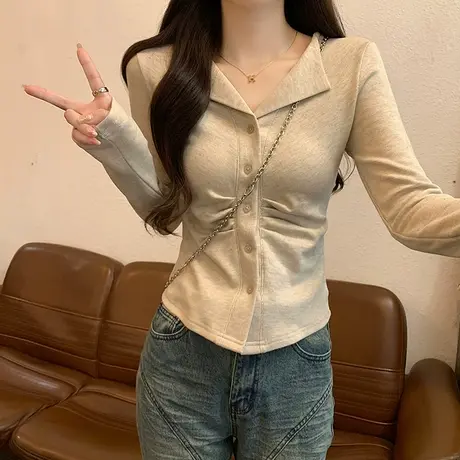 polo领不规则褶皱长袖t恤女春秋内搭外穿修身初春打底衫正肩上衣图片