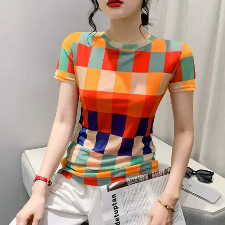 欧货网纱T恤女短袖2024夏装新款拼色格子上衣气质减龄显瘦小衫ins图片
