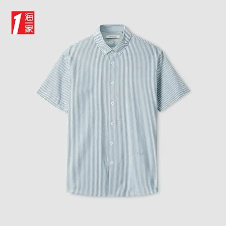 海一家商务休闲条纹衬衣夏季制扣领时尚简约男士短袖衬衫图片