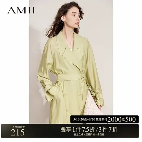 Amii2025春新含醋酸配腰带双排扣配腰带长款风衣女高开叉上衣外套图片