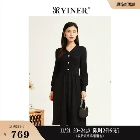 【美丽诺羊毛】YINER音儿专选冬季长袖v领金葱毛织连衣裙图片