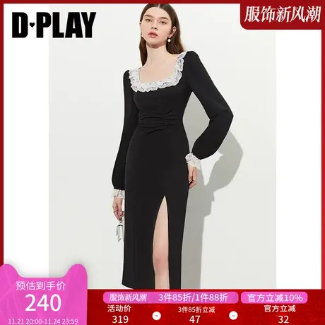 DPLAY秋装新经典黑优雅撞色蕾丝花边U型领抽褶侧开衩连衣裙图片