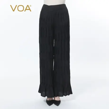 VOA真丝暗纹提花神秘黑不对称设计波浪形褶皱宽松直筒桑蚕丝长裤图片