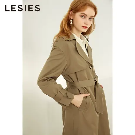 LESIES蓝色倾情春秋新款翻领经典双排扣系带长款淑女风衣外套图片