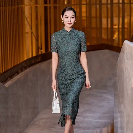 夏季蕾丝连衣裙女2025新款气质复古中长款短袖新中式改良旗袍裙子图片