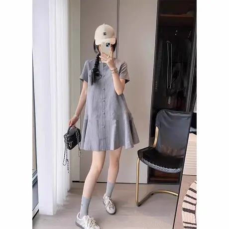 爵莱菲灰色圆领亮片领口高级感气质小香风大码连衣裙女A字裙子图片