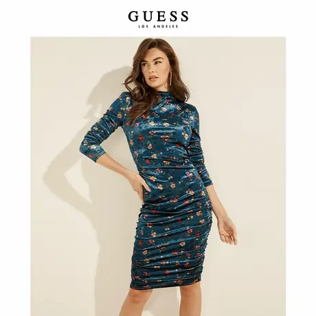 GUESS女士印花复古年代感温柔褶皱连衣裙W1BK16KATV0图片