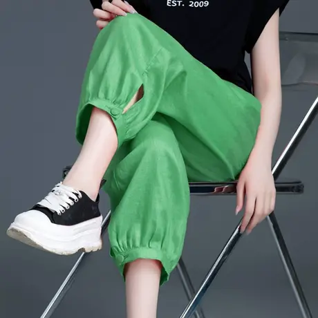 清仓果绿色休闲亚麻裤子女夏季2025新款九分薄款小个子哈伦灯笼裤图片