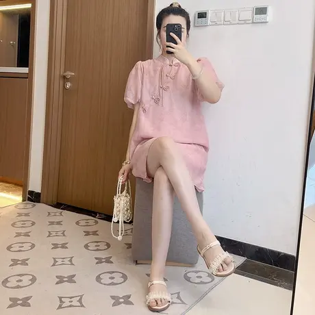 新中式国风泡泡袖连衣裙女2025新款夏季提花盘扣宽松裙子大码胖mm图片