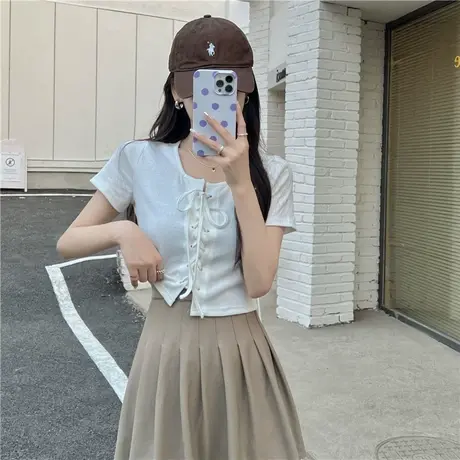 辣妹短款短袖t恤女夏季设计感小众绑带紧身显瘦高腰白色上衣ins潮图片
