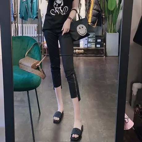 七分铅笔裤女夏季薄款黑色弹力修身高腰不规则拉链小脚外穿休闲裤图片