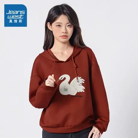 G8真维斯女装2025春季新款 小天鹅连帽套头女款卫衣红色蛇年衣服图片
