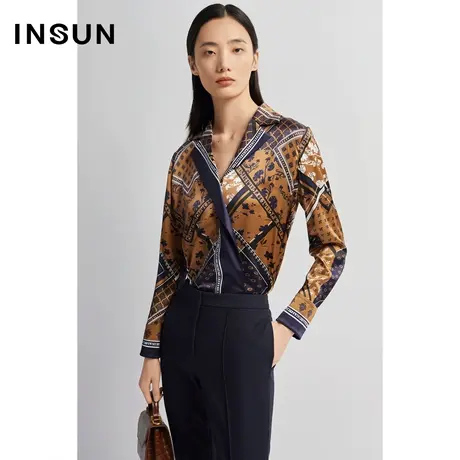 INSUN恩裳秋季复古印花轻盈真丝衬衫图片