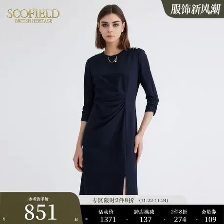 Scofield圆领褶皱通勤优雅中长设计感连衣裙女装秋季新款图片