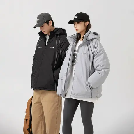 国潮情侣装连帽保暖棉服女冬季加厚外套2023新款复古宽松拼接棉衣图片