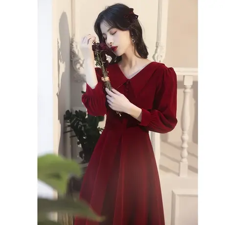 法式敬酒服新娘2023新款秋冬季结婚订婚气质回门礼服丝绒平时可穿图片