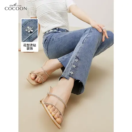 MISSCOCOON喇叭牛仔裤女款2023新款夏季高腰修腿显瘦直筒开叉裤子图片