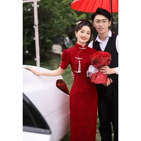 红色蕾丝旗袍敬酒服新娘高级感中式结婚订婚礼服女修身显瘦连衣裙图片