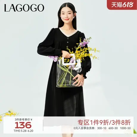 LAGOGO黑色木耳边显瘦连衣裙女拉谷谷春季新款温柔法式v领小黑裙图片