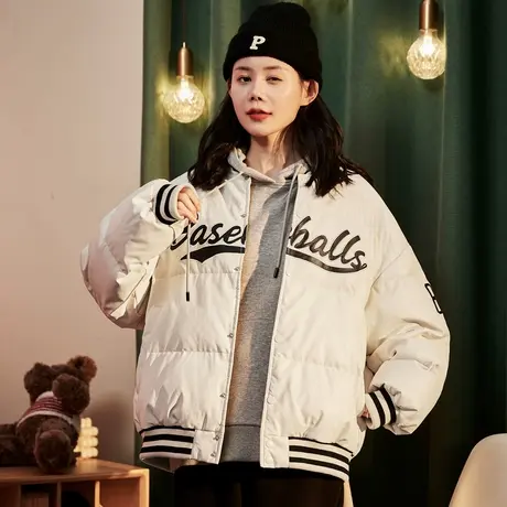 唐狮短款PU羽绒服冬装款女设计感小众保暖棒球厚羽绒服外套ins潮图片