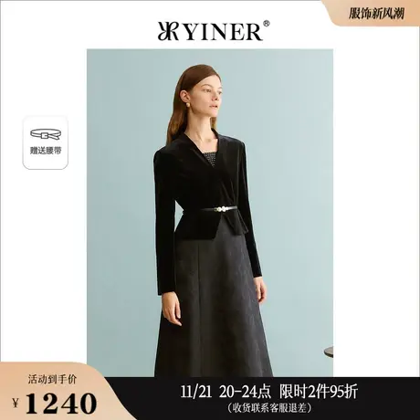 YINER音儿专选女装秋季法式假两件知性浮雕立体提花连衣裙图片