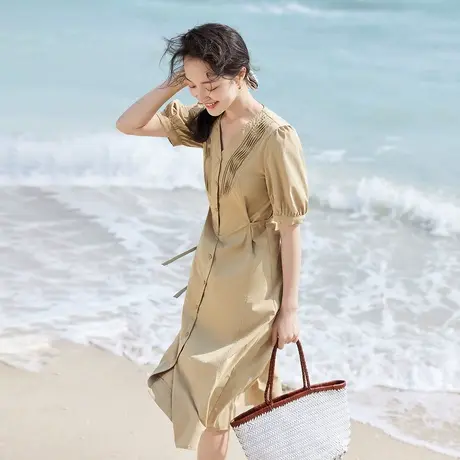 茵曼文艺清新连衣裙2023夏女装新款V领打条可解开门襟绑带中长裙图片