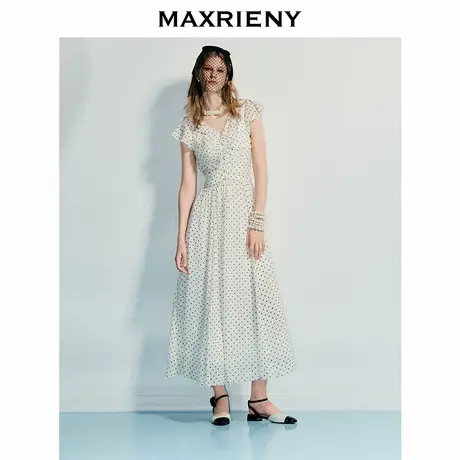 【奥莱】MAXRIENY法式撞色黑白波点v领连衣裙女复古感长裙图片