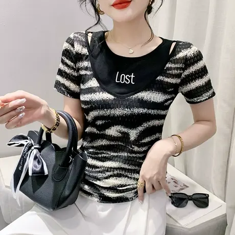 设计感假两件T恤女短袖拼色印花洋气上衣夏季时尚别致修身小衫ins图片