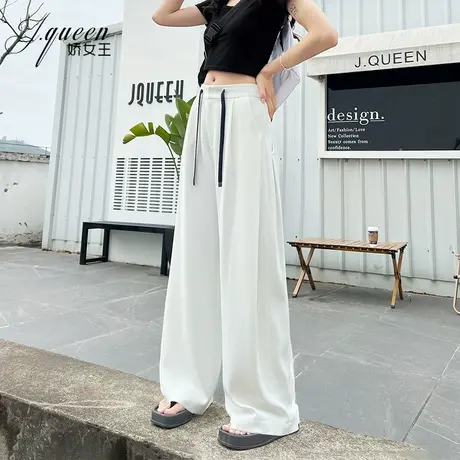 白色阔腿裤女垂坠感夏季新款洋气设计感宽松休闲抽绳拖地长裤子图片