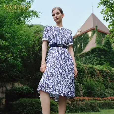 Scofield女装时尚印花连衣裙金属扣圆领收腰百褶裙夏季裙子图片
